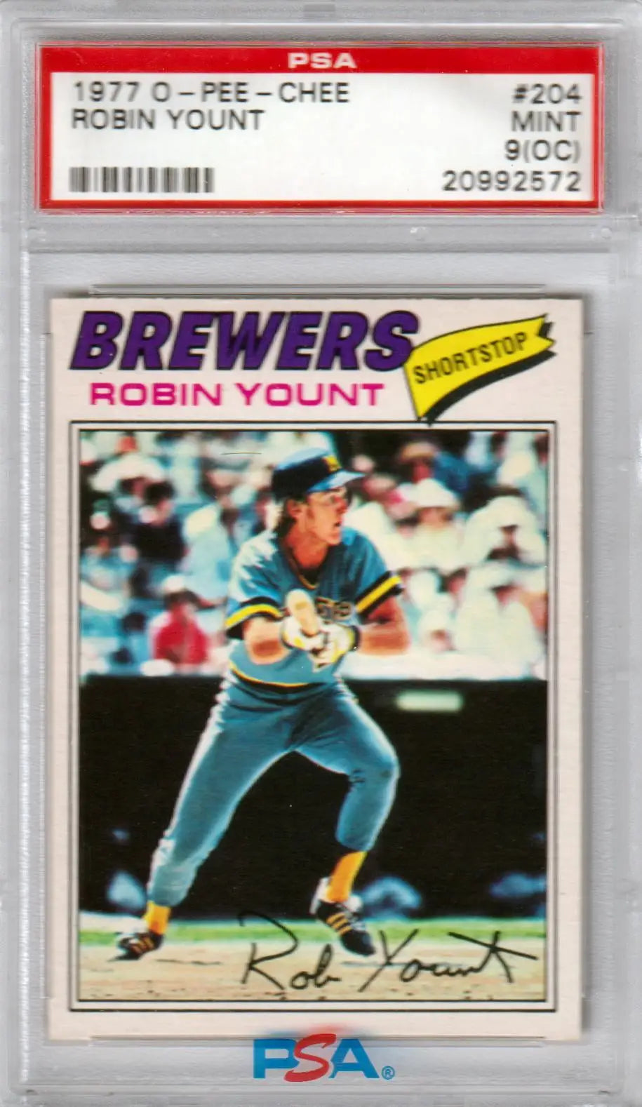 Graded 1977 Robin Yount baseball card from Columbia Hobby in PSA 9 MINT condition