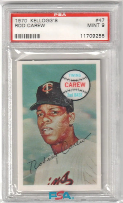 Graded Rod Carew baseball card from Columbia Hobby in PSA 9 Mint condition