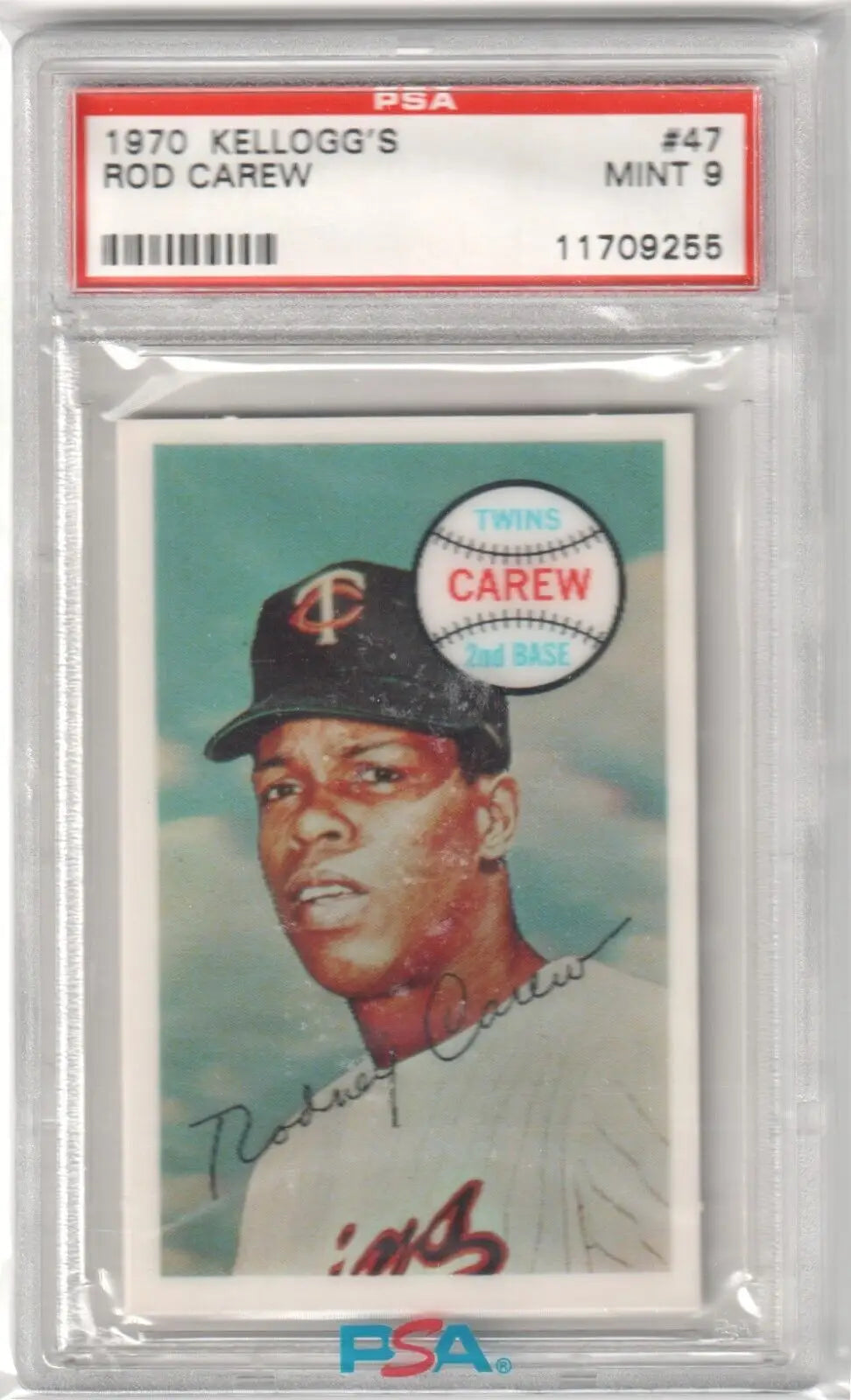 Graded Rod Carew baseball card from 1970 Kellogg’s #47 PSA 9 MINT collectible