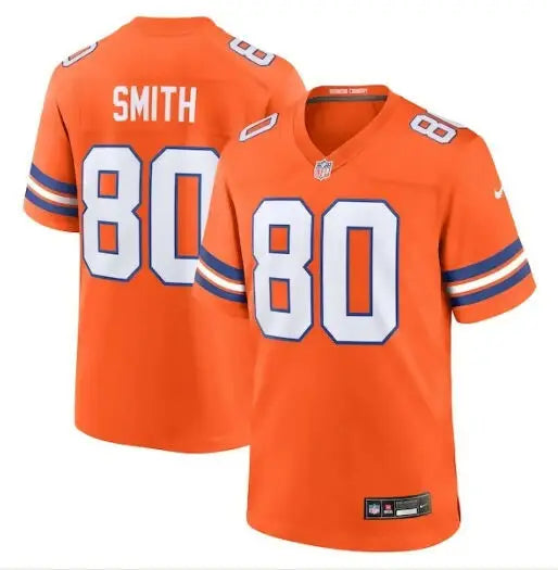Orange NFL football jersey with number 80 and SMITH on the back from the Denver Broncos Nike Mile High Collection
