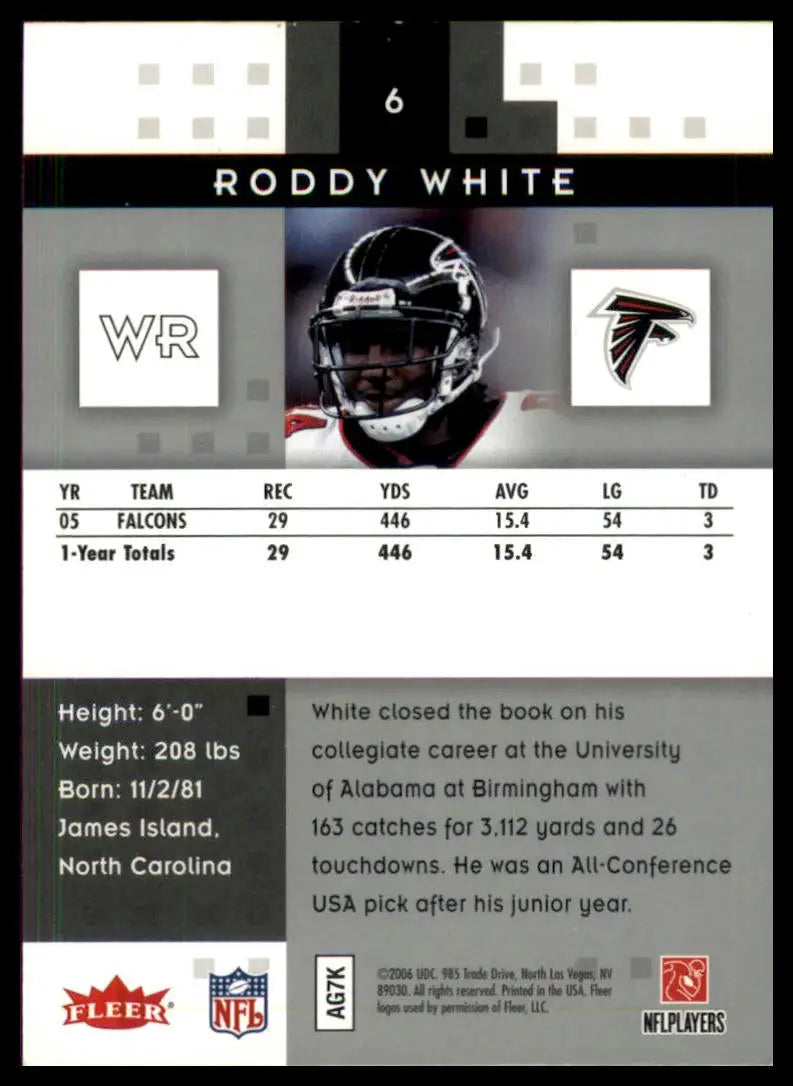 Football trading card of Roddy White from Fleer Hot Prospects 2006 Atlanta Falcons
