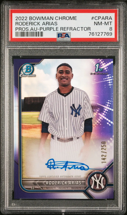 PSA-graded Roderick Arias Bowman Chrome Prospect Auto Purple Refractor baseball card