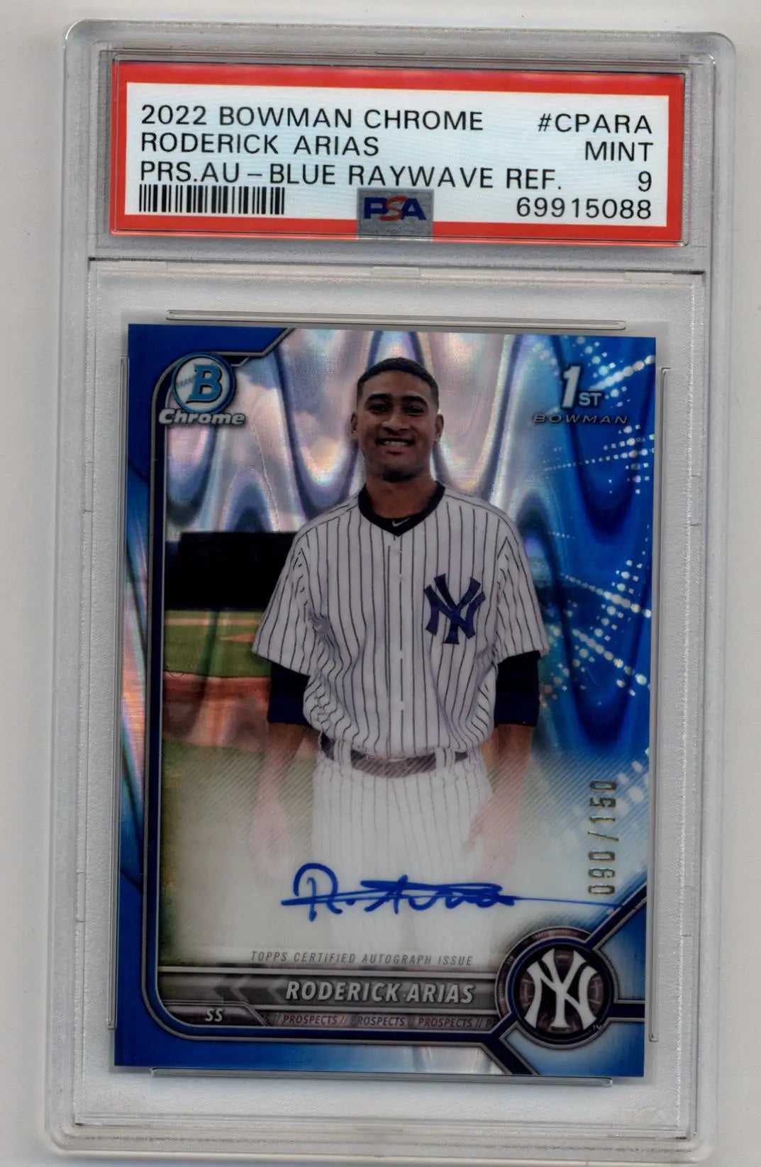 Roderick Arias 2022 Bowman Chrome Blue RayWave Refractor Auto PSA 9 Mint