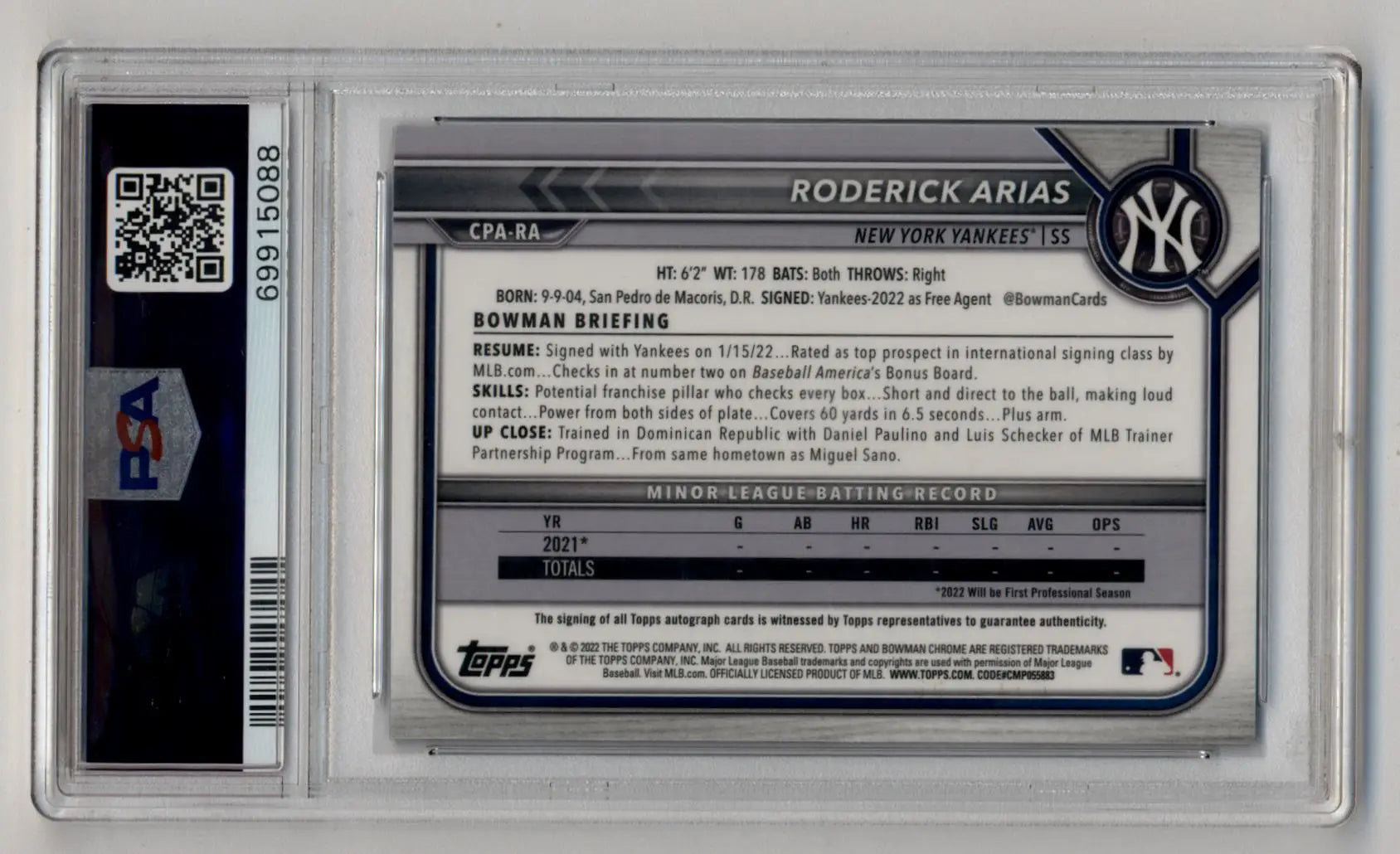 Graded Roderick Arias 2022 Bowman Chrome Blue RayWave Refractor Auto PSA 9