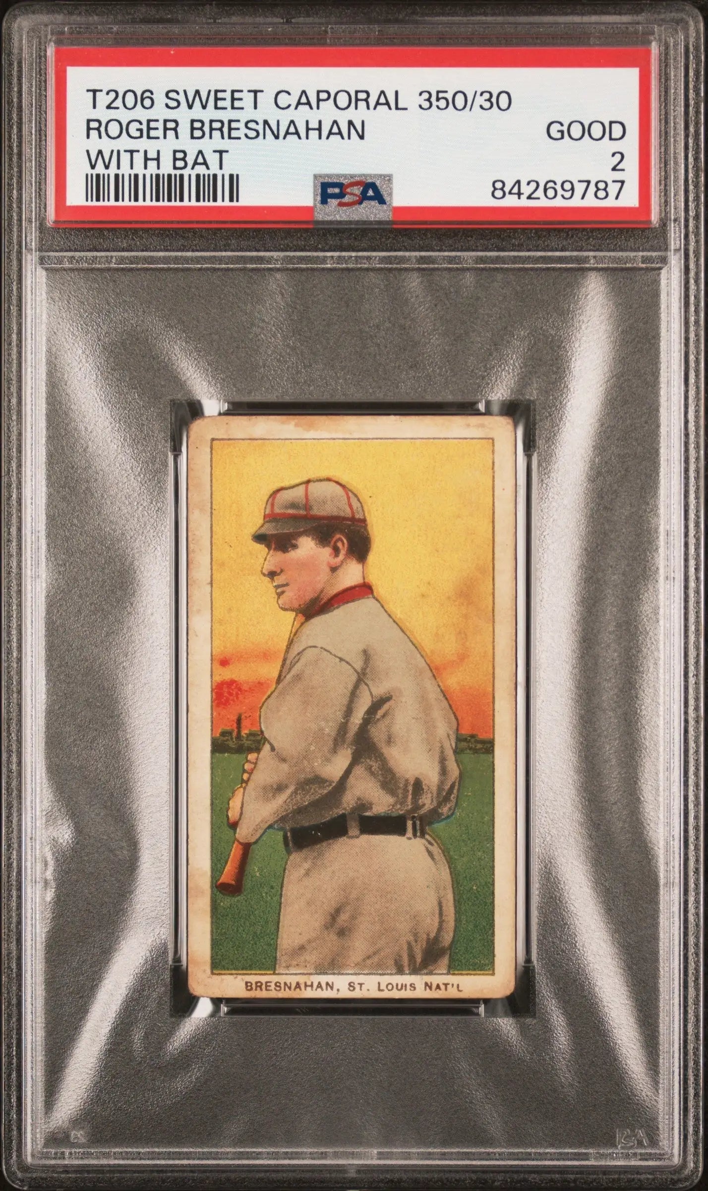 PSA-graded T206 Sweet Caporal Roger Bresnahan baseball card in gray uniform