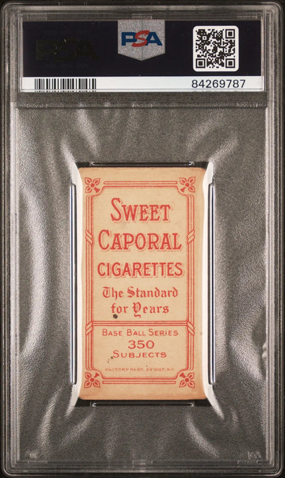 PSA graded Roger Bresnahan T206 Sweet Caporal 350/30 cigarette card on light background