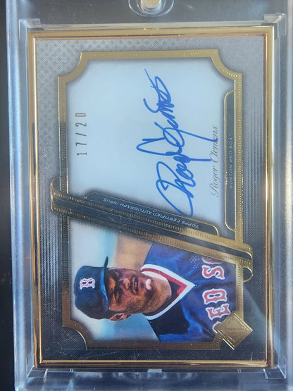 Baseball trading card of Roger Clemens with blue autograph on Topps Transcendent Framed Auto