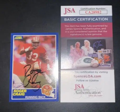 Autographed Roger Craig 1989 Score football card with JSA certification San Francisco 49ers