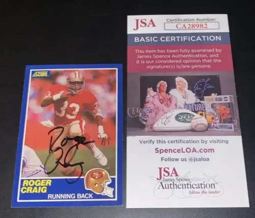 Signed Roger Craig football card for San Francisco 49ers with JSA authentication