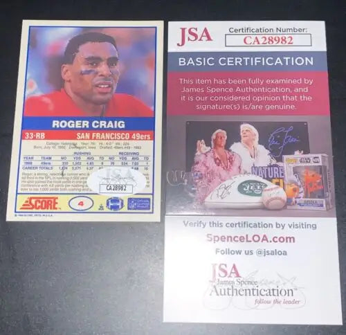 Roger Craig signed San Francisco 49ers football card with JSA certification