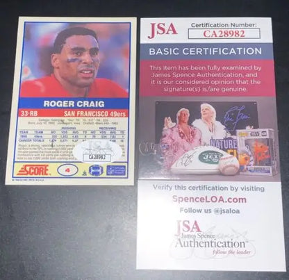 Roger Craig signed San Francisco 49ers football card with JSA certification