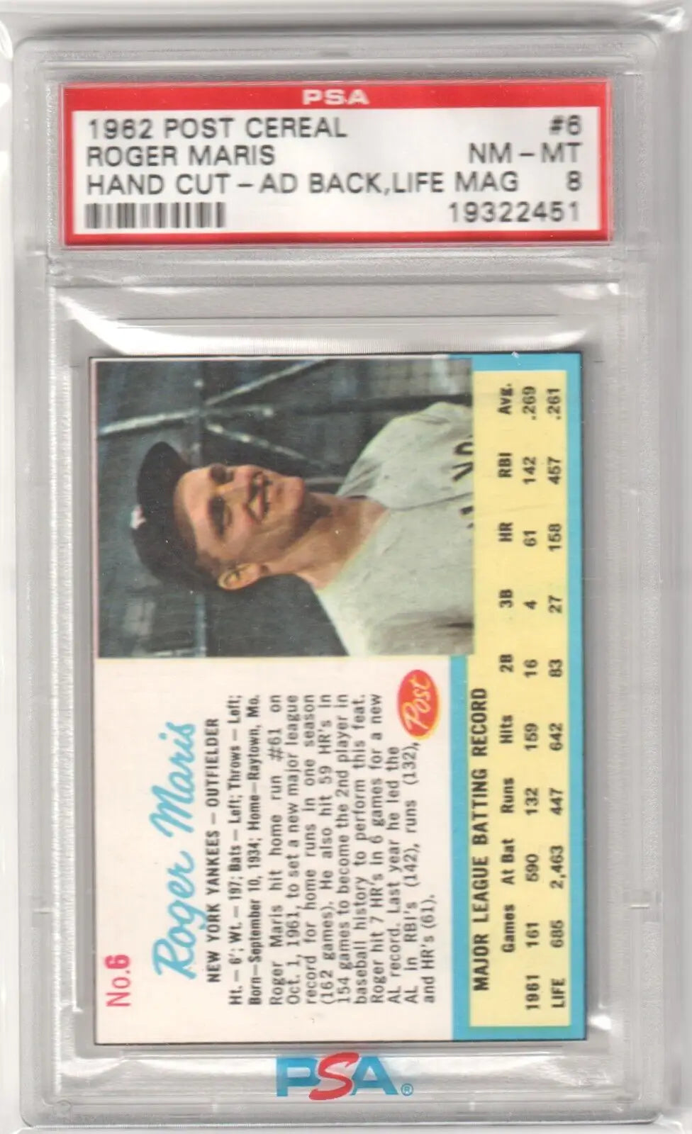 Graded Roger Maris baseball card from Columbia Hobby, featured in ESPN magazine covers