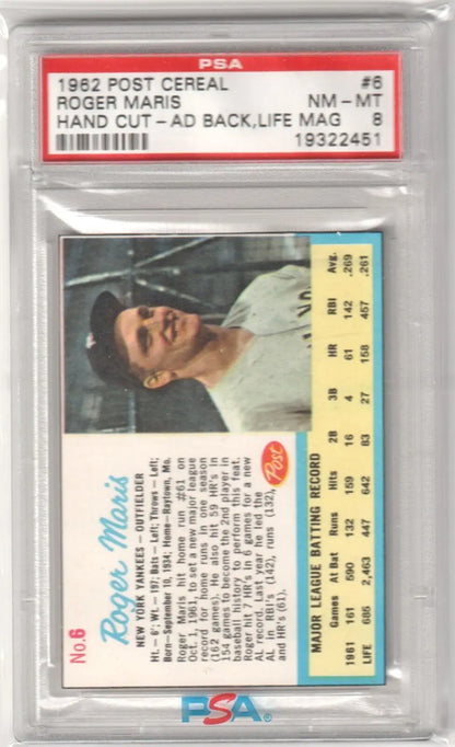 Graded Roger Maris baseball card from 1962 Post Cereal Ad Back Life Mag PSA 8