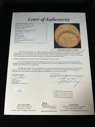 Letter of Authenticity for Roger Maris Cleveland Indians Auto Baseball with JSA certification