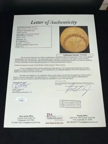 Letter of Authenticity for Roger Maris Pre-Rookie Baseball with JSA Certification