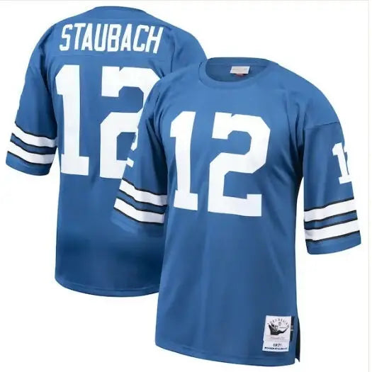 Blue Dallas Cowboys 1971 Roger Staubach authentic football jersey with white numbers and stripes