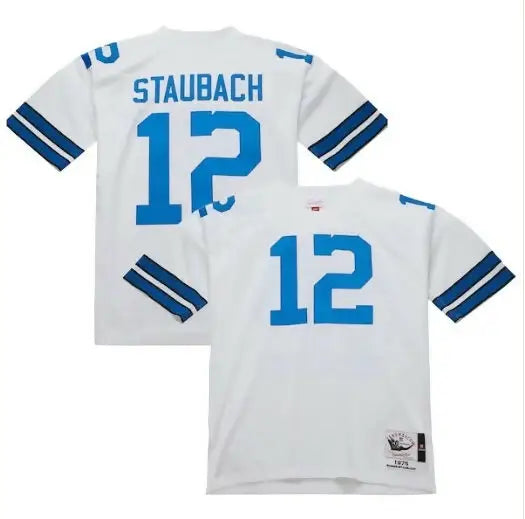 White short-sleeved sports jersey with blue numbers and lettering for Roger Staubach Dallas Cowboys 1975 jersey