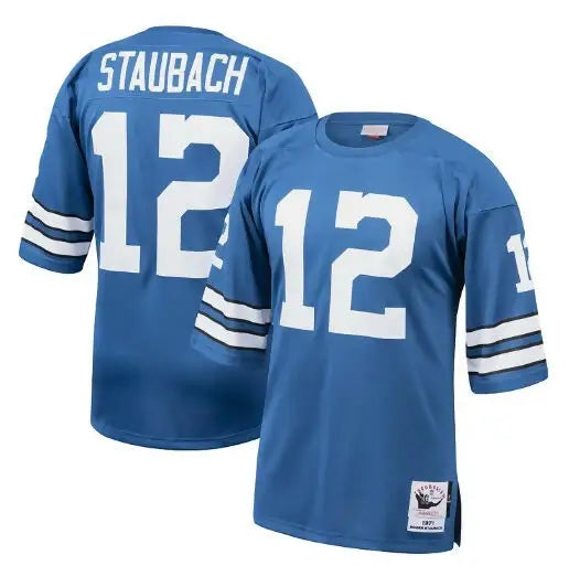 Blue Dallas Cowboys football jersey with white numbers and stripes, Roger Staubach throwback