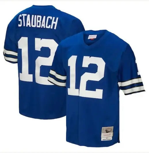 Two blue Dallas Cowboys jerseys with white numbers 12 and STAUBCH, Navy retro football jerseys