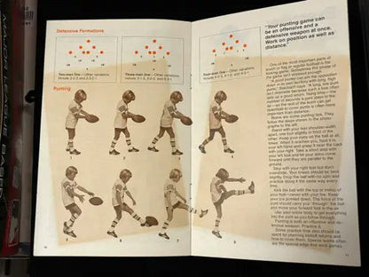 Open instructional book showcasing Roger Staubach’s play touch football techniques