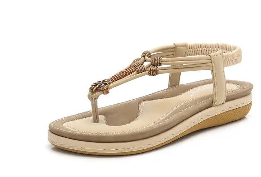 Beige Roman Style Flat Sandals with beaded woven straps, stylish flat sandals