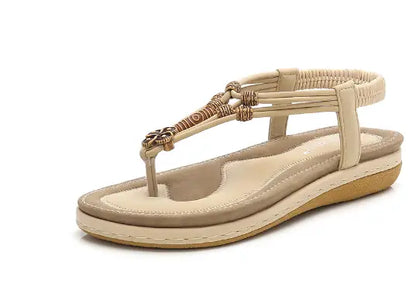 Beige Roman Style Flat Sandals with beaded woven straps, stylish flat sandals