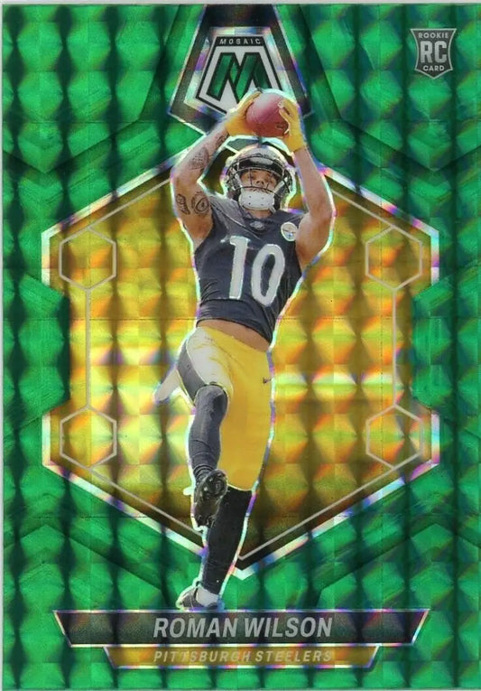 Roman Wilson rookie football card from 2024 Panini Mosaic featuring Wilson rookie and Steelers