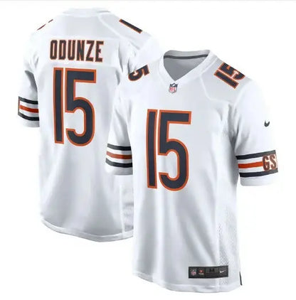 White Chicago Bears Nike Alternate Game Jersey with Odunze 15 in dark blue and orange trim