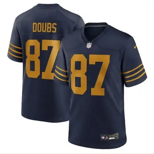 Navy blue Romeo Doubs Green Bay Packers Nike 1923 Classic Game Jersey with gold numbers