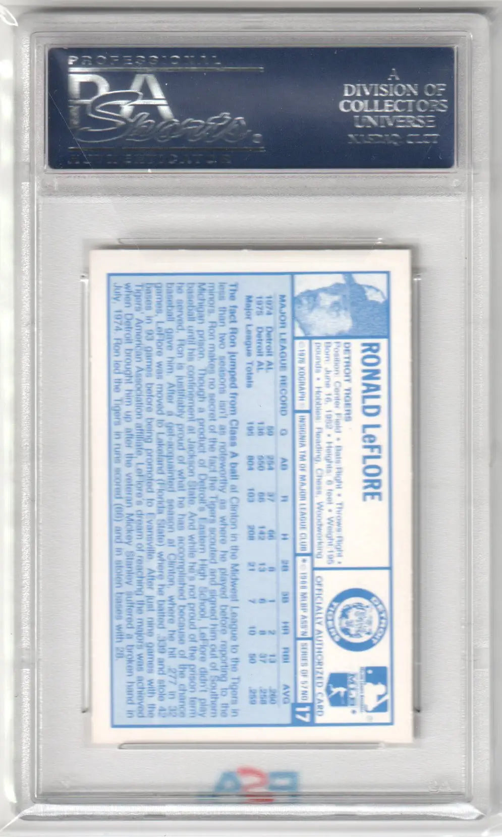 Graded Ronald LeFlore baseball card from Columbia Hobby, PSA 10 GEM MINT Tiger card