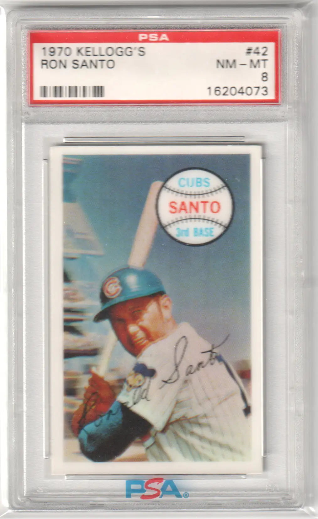 Graded 1970 Kellogg’s Ron Santo baseball card in NM-MT condition from Columbia Hobby