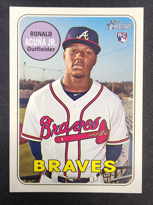 Baseball card of Ronald Acuña Jr. in Atlanta Braves home uniform Topps Heritage Mini