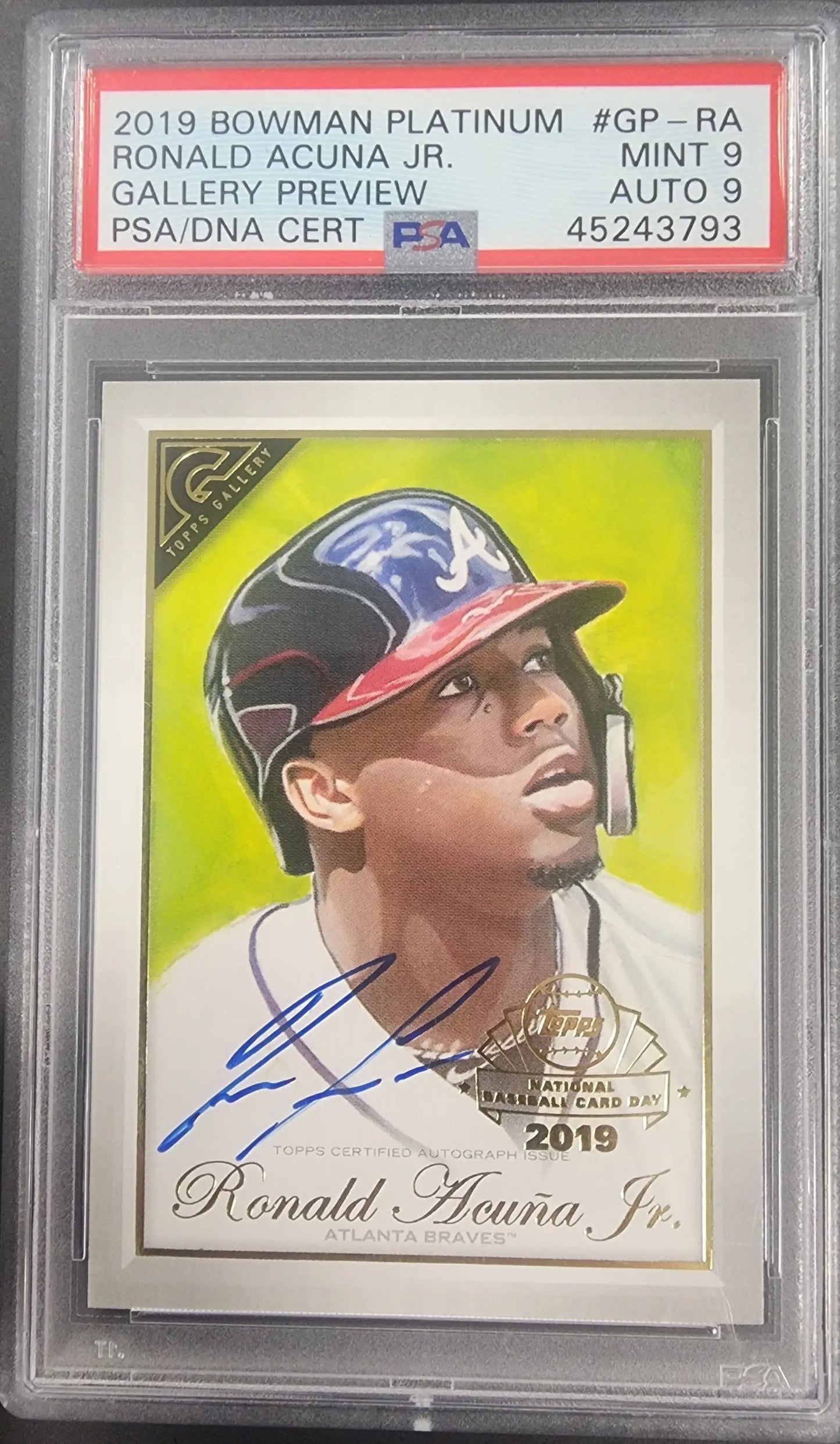 Autographed Ronald Acuna Jr Bowman Platinum Gallery baseball card 2019 PSA 9