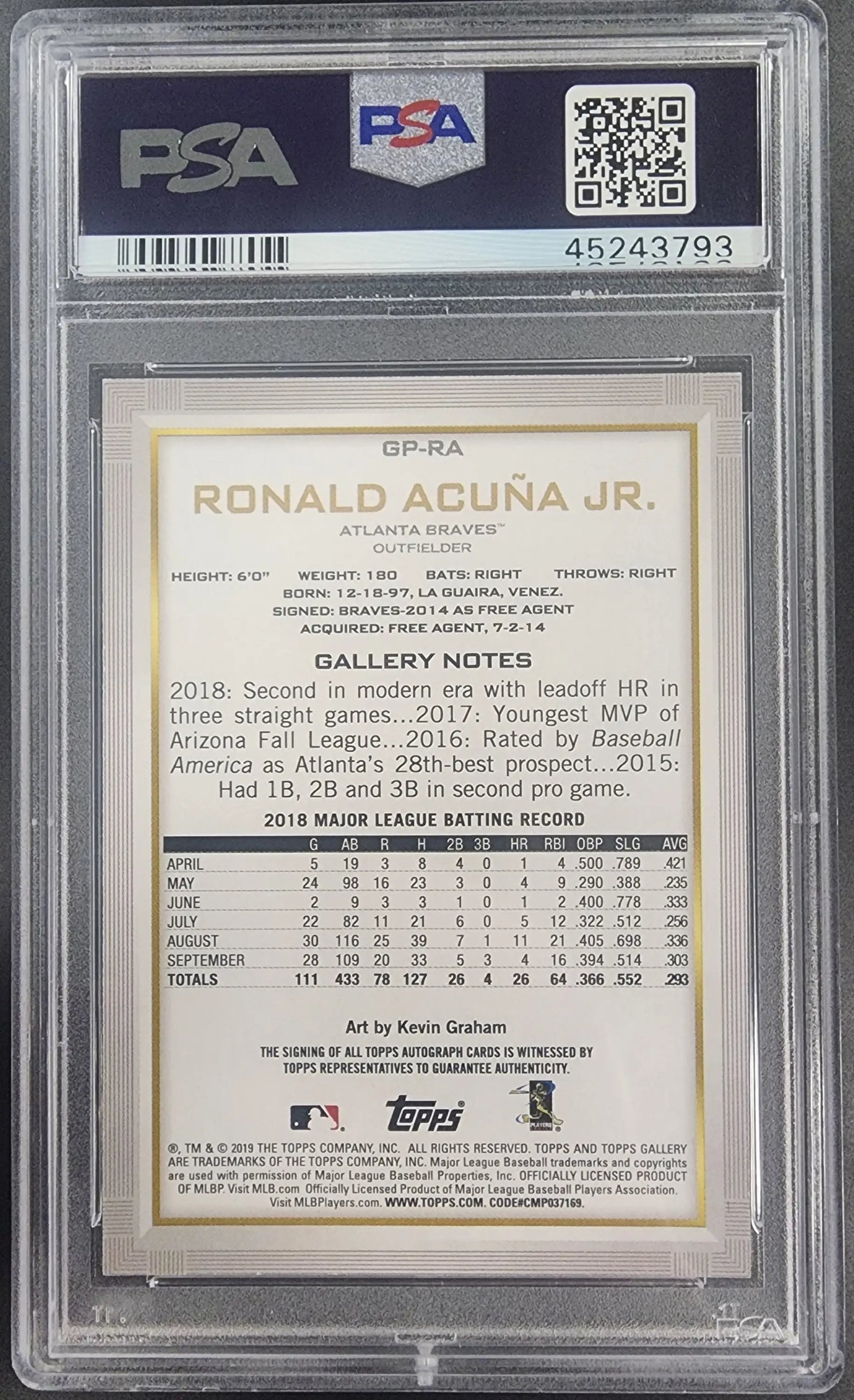 Graded Ronald Acuna Jr. Bowman Platinum Gallery trading card PSA 9 Auto 9