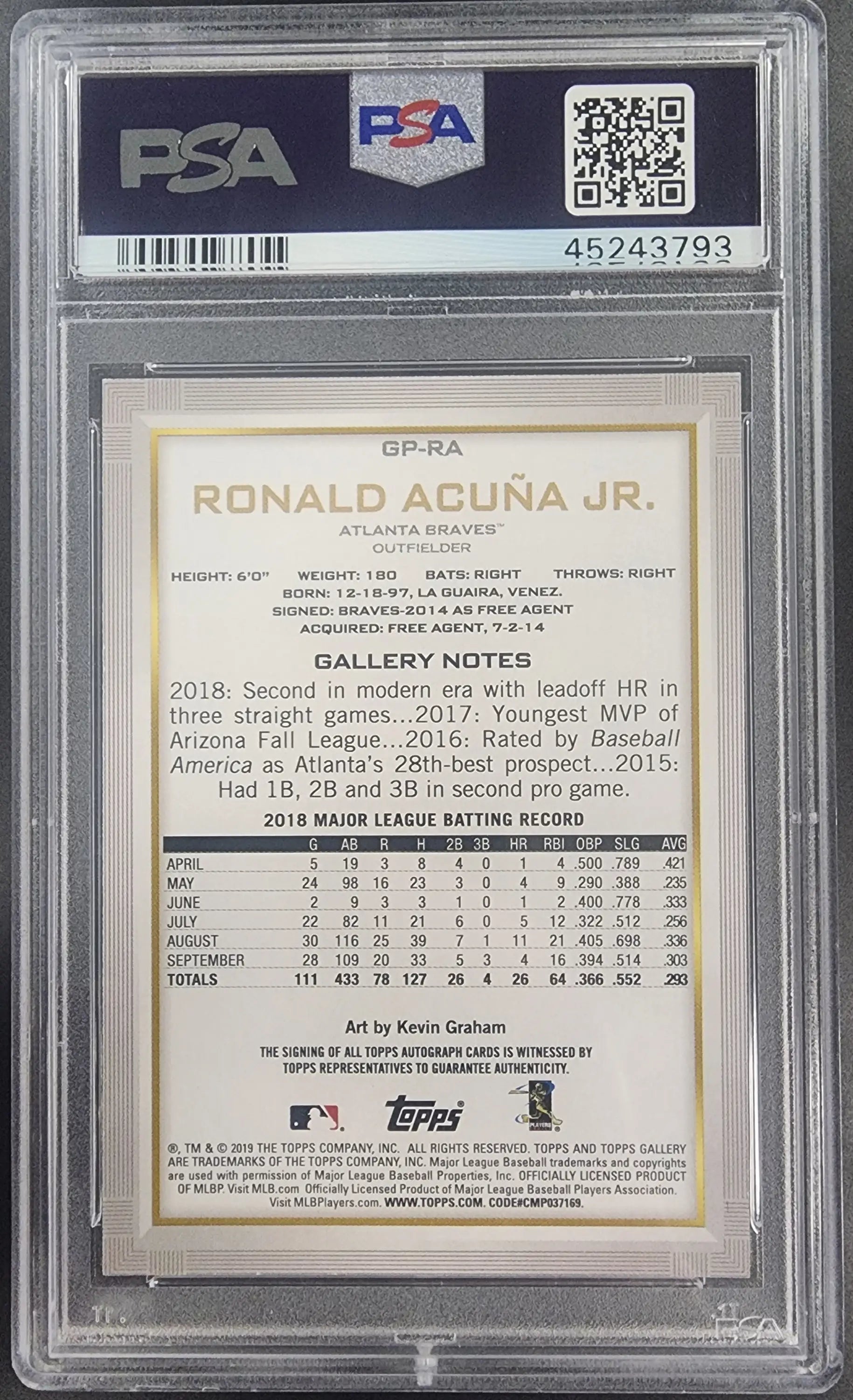 Graded Ronald Acuna Jr. Bowman Platinum Gallery trading card PSA 9 Auto 9