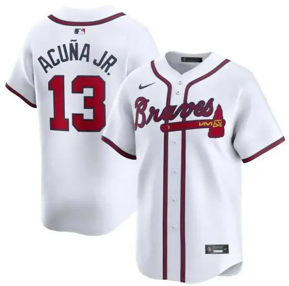 White Atlanta Braves Ronald Acuña Jr. Nike home limited player jersey on display