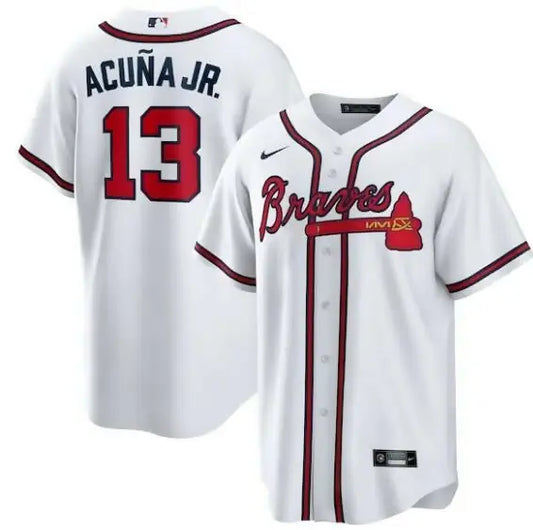 White Atlanta Braves baseball jersey featuring Ronald Acuna Jr. Nike Home Replica design