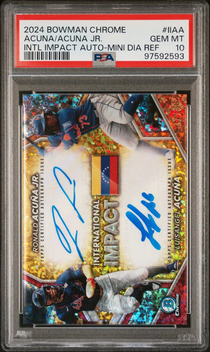 PSA-graded 2024 Bowman Chrome Dual Auto featuring Ronald Acuña Jr. and Luisangel Acuña