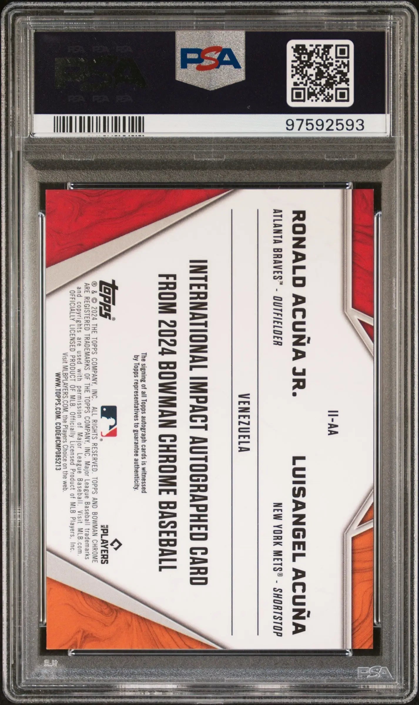 Graded 2024 Bowman Chrome Dual Baseball Card featuring Ronald Acuna Jr. and Luisangel Acuna