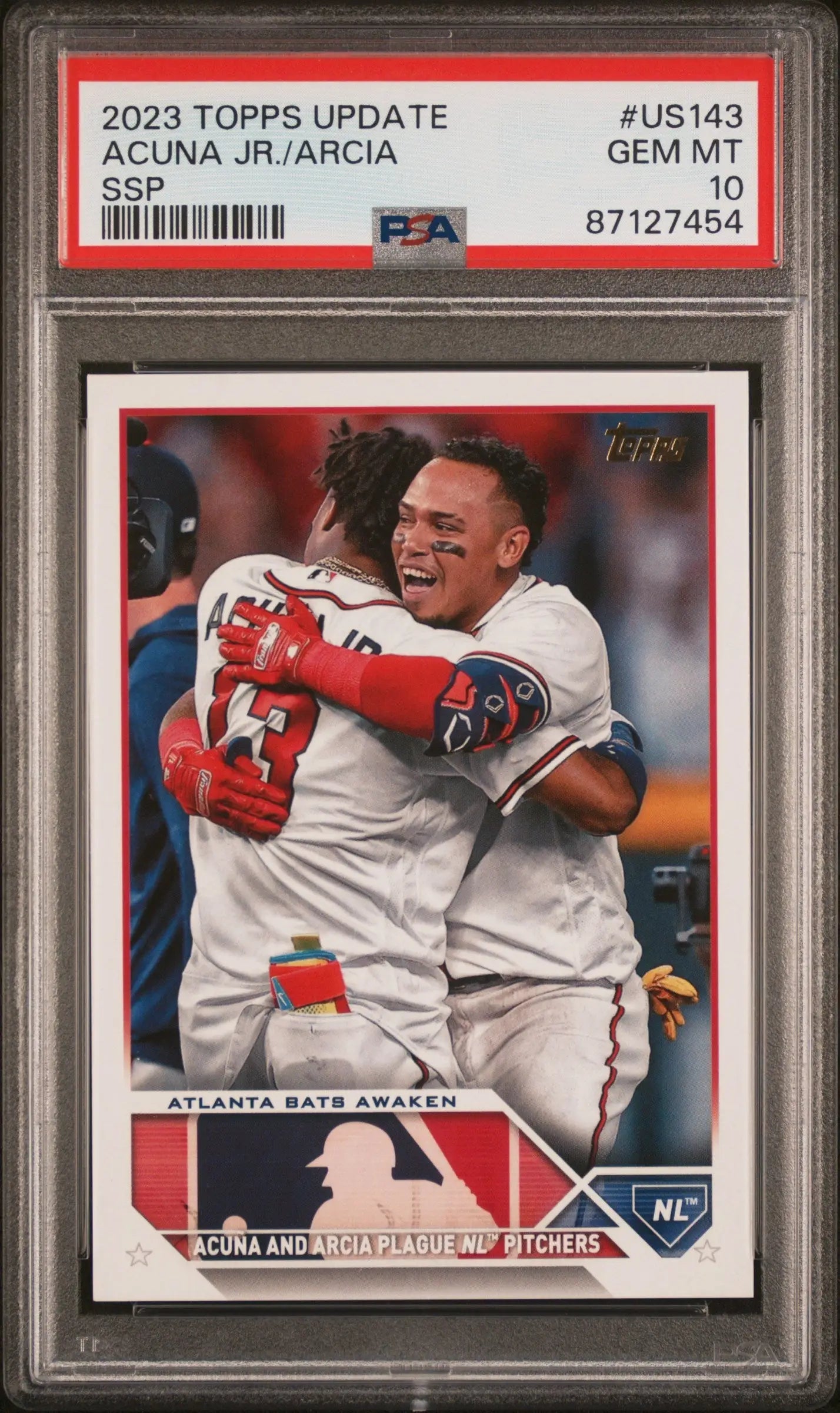 Professionally graded Ronald Acuna Jr. Oswaldo Arcia 2023 Topps Update Golden Mirror SSP PSA 10