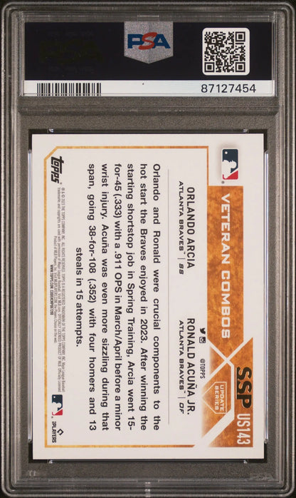 Baseball card of Orlando Arcia and Ronald Acuña Jr. in PSA slab from Topps Update Golden Mirror SSP