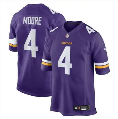 Two purple Minnesota Vikings Nike Team Game Jerseys with Moore and number 4 displayed
