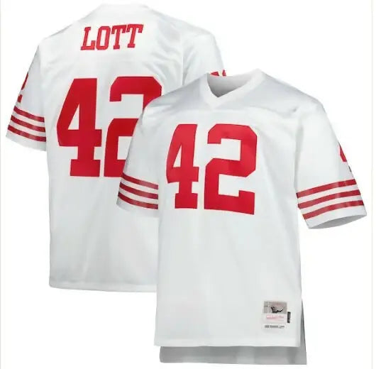 White sports jerseys with red numbers 42 and LOTT from Ronnie Lott San Francisco 49ers jersey