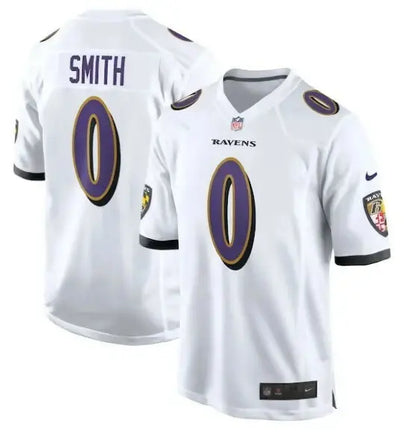White Baltimore Ravens Roquan Smith Nike Game Jersey with purple 0 and Smith on back