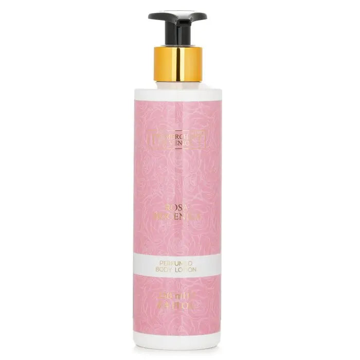 Pink Rosa Moceniga Body Lotion bottle with black and gold pump dispenser