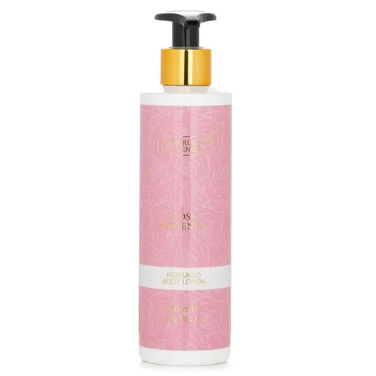 Pink Rosa Moceniga Body Lotion bottle with black and gold pump dispenser