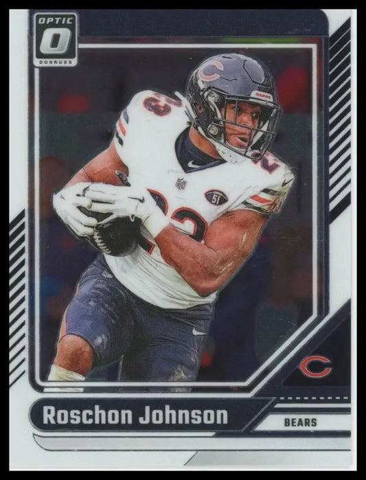 Donruss Optic Roschon Johnson football card featuring Chicago Bears player in uniform holding football