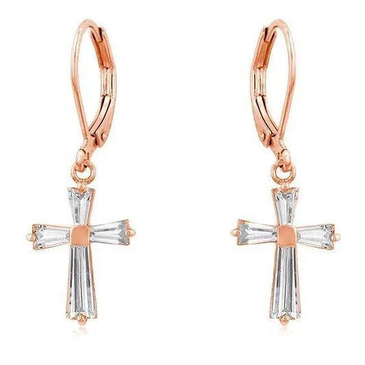 Rose Gold Plated CZ Cross Drop Earrings - Earrings