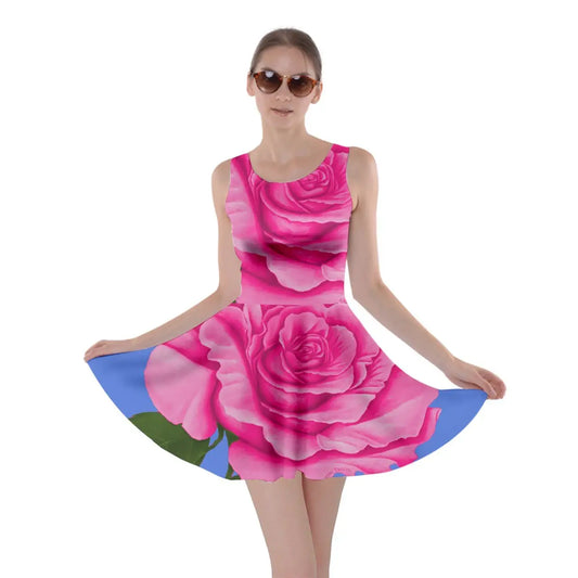 Roses Collections sleeveless skater dress with vibrant pink rose print and blue hem