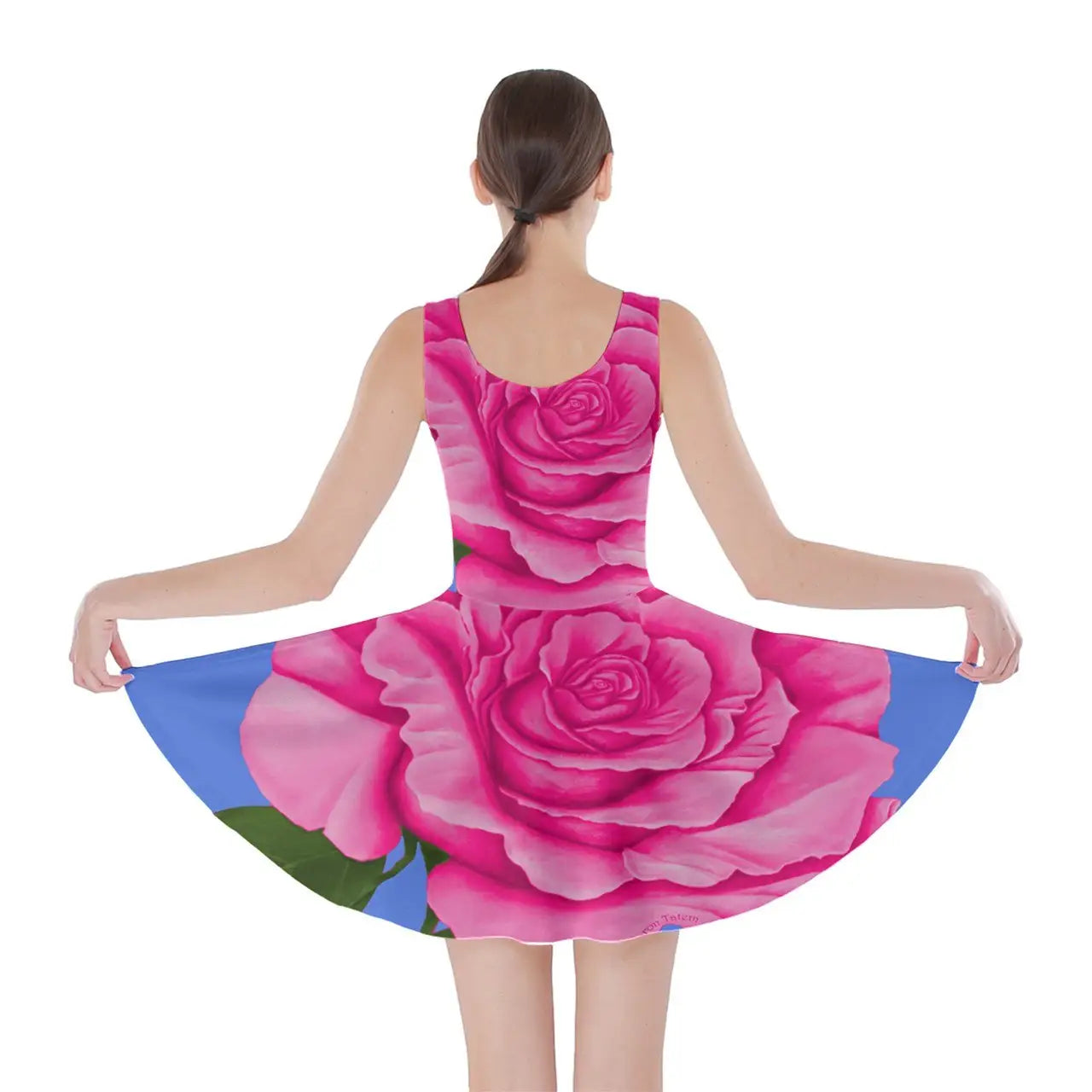 Roses Collections skater dress with vibrant pink roses print on blue fabric